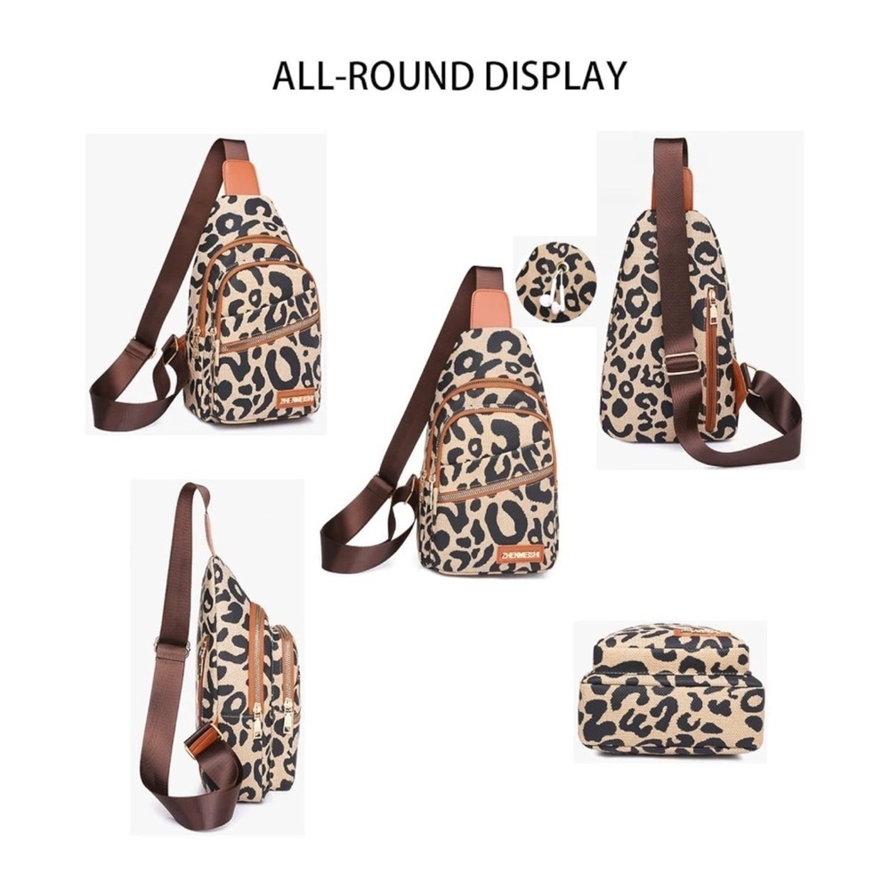 Leopard Print Sling Bag Crossbody Backpack Brown Tan Chest Bag - Picture 5 of 5